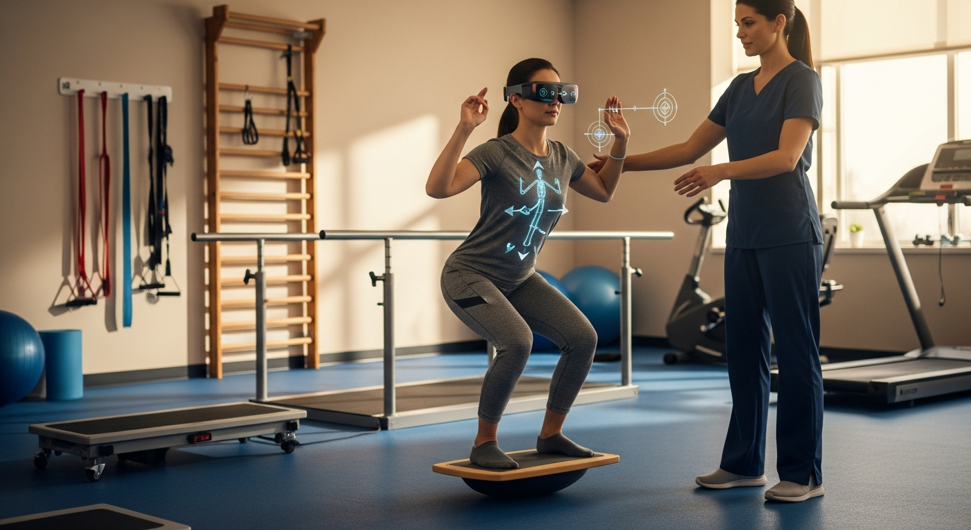 A patient using AR glasses during guided rehabilitation exercises with real-time visual cues seen inside the headset.