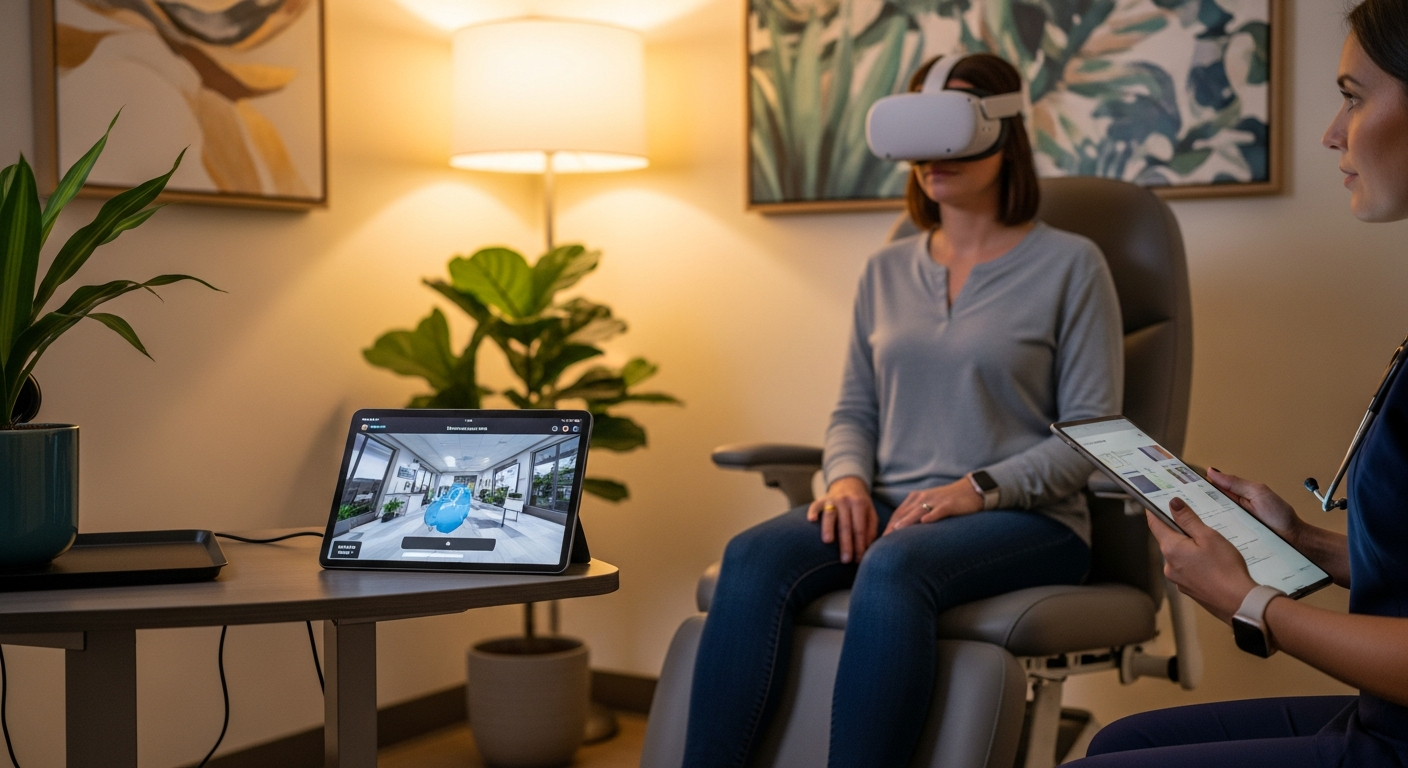 A patient engaging with a VR-based digital therapeutic session inside a modern clinical therapy room.