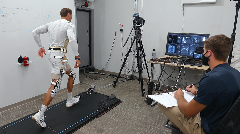 Biomechanics analysis capturing early signs of athlete overtraining using force plates and motion sensors.