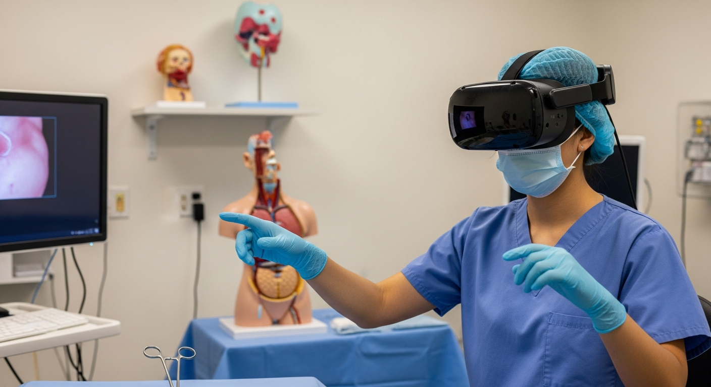 A medical trainee using a VR headset to practice surgical procedures in a professional simulation environment.
