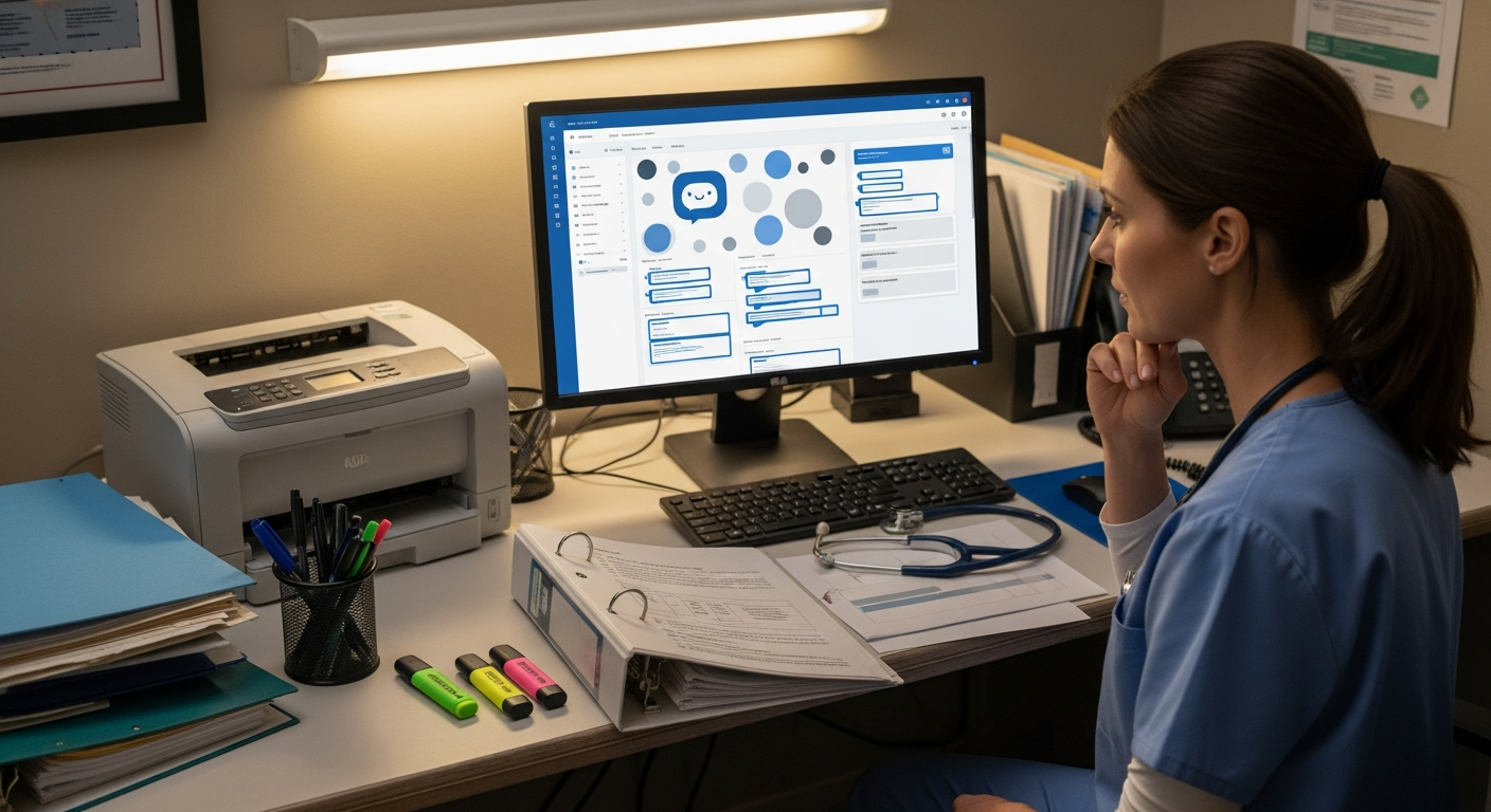 A clinician reviewing chatbot-generated patient information on a computer in a standard hospital office.