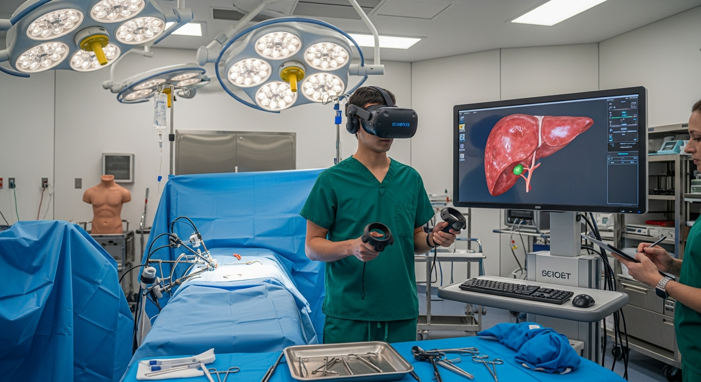 A trainee practicing XR-based VR surgical simulation inside a real clinical training room.