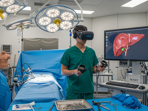 A trainee practicing XR-based VR surgical simulation inside a real clinical training room.