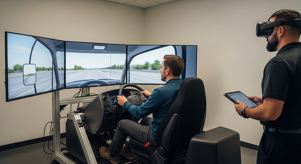A fleet operator practicing inside a professional virtual driving simulator used for commercial driver training.