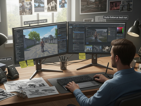 A realistic game development studio showing AI-powered tools used for world-building, animation cleanup, and procedural design.