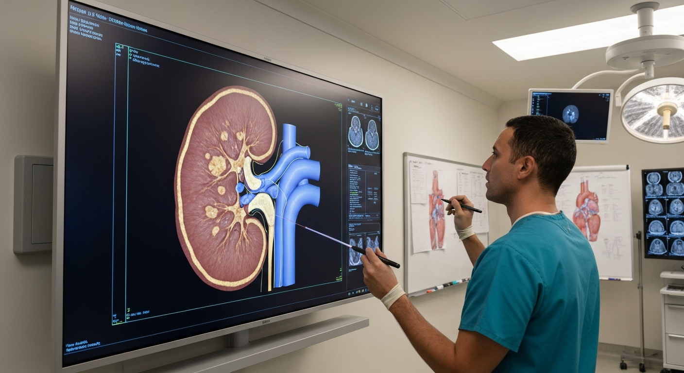 A surgeon rehearsing a personalized digital-twin surgical model inside a pre-operative planning room.