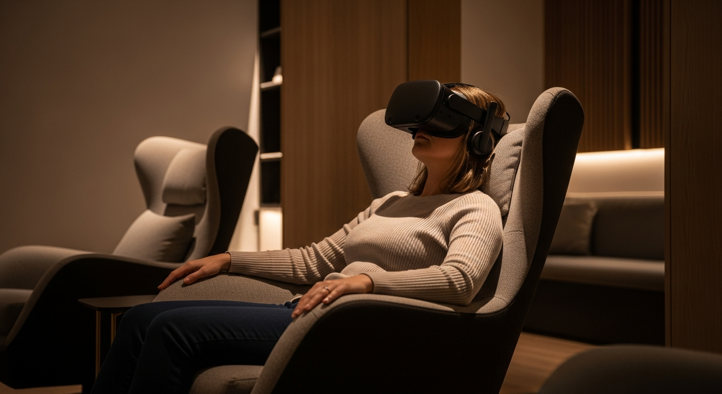 A patient wearing a VR headset in a calming therapy room, using immersive VR for pain relief or mental health support.
