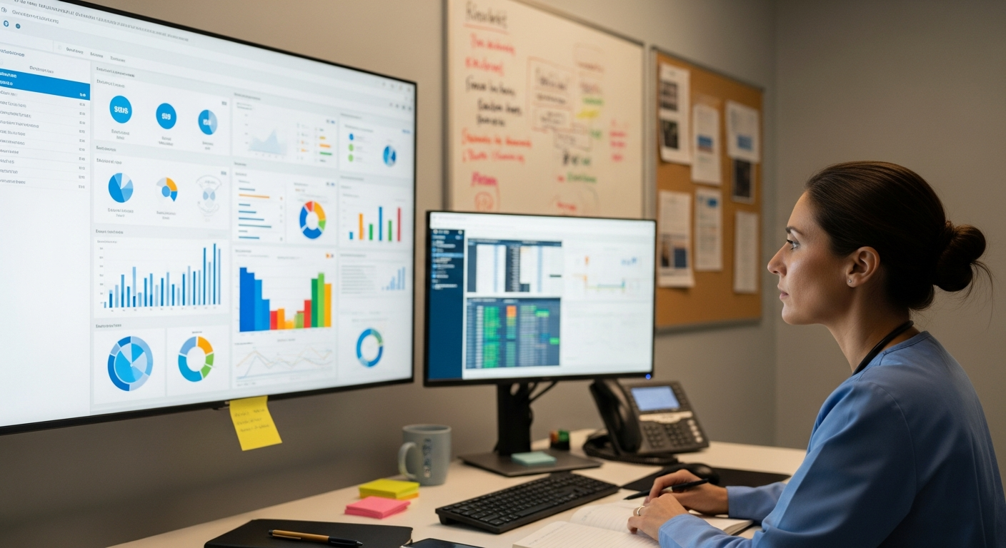 A clinician reviewing a predictive analytics dashboard inside a real hospital operations room.