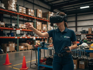 A worker using a VR headset in a real industrial training environment, representing practical enterprise VR applications.
