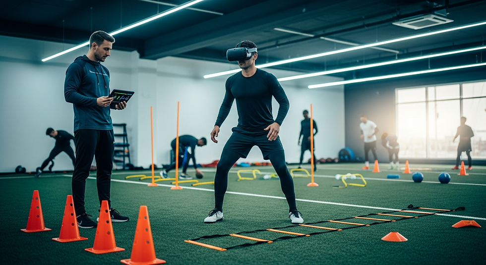 Realistic training lab with an athlete using VR for decision-making and performance analysis in a professional sports environment.