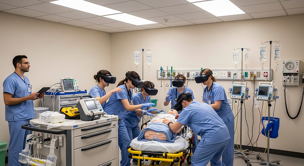 Medical trainees wearing VR headsets are practicing fast-paced emergency response around a training mannequin in a real clinical skills lab.