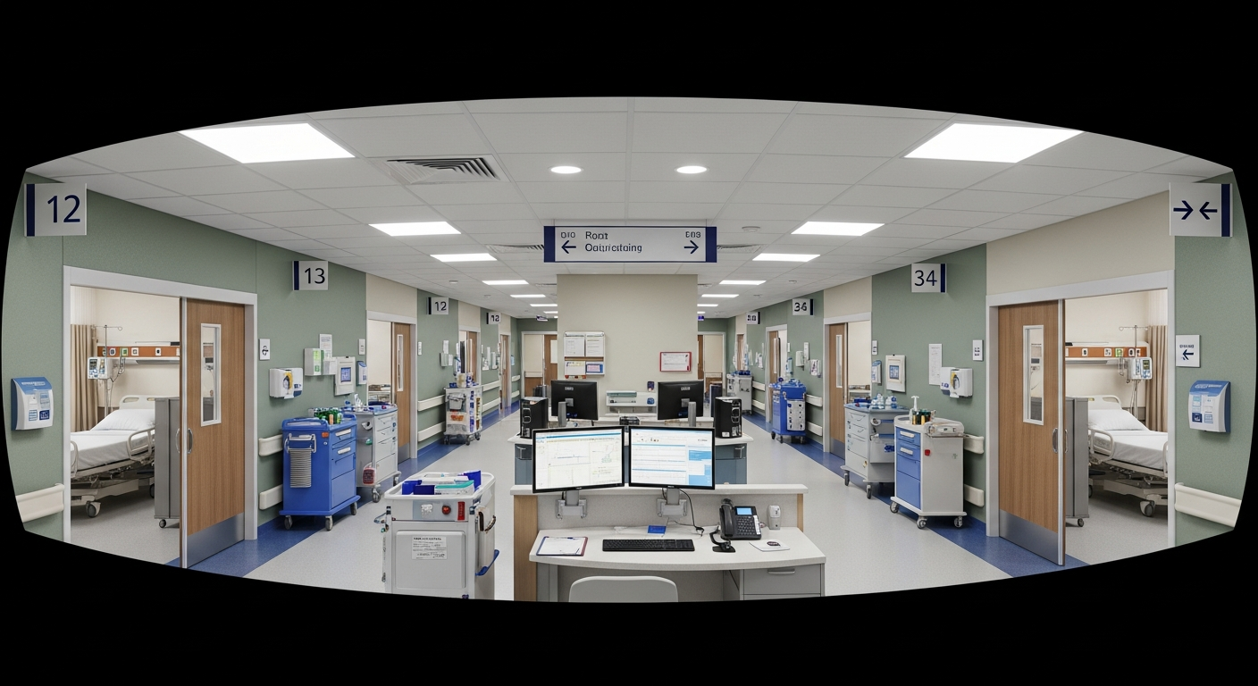 Virtual reality simulation of hospital corridors used to analyze patient flow, staff movement, and operational efficiency.