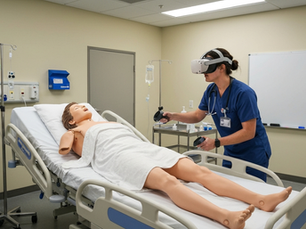 A healthcare student practicing clinical skills using a VR headset beside a real medical simulation mannequin.