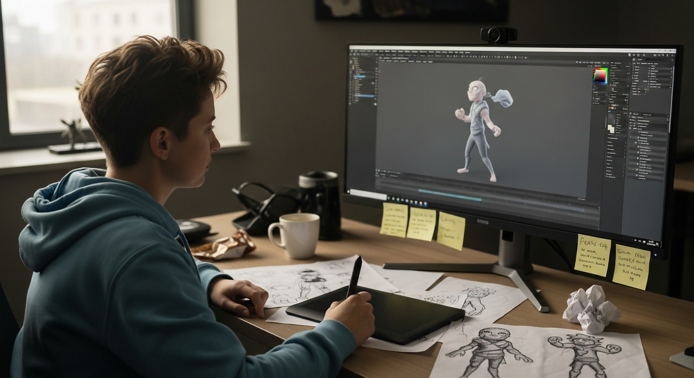 A developer reviewing gameplay animation on a computer, illustrating how movement is created for video games.