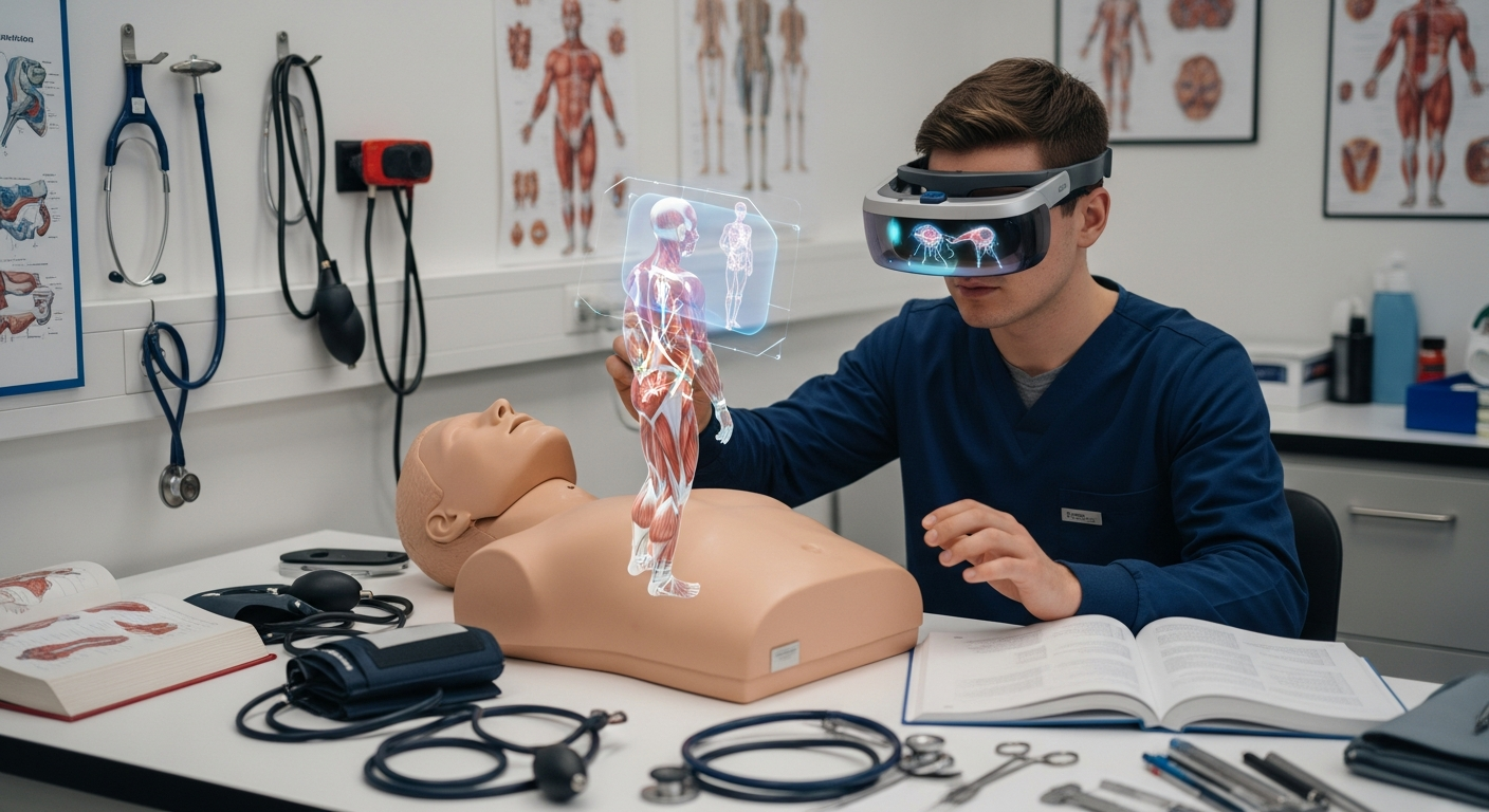 A medical student using AR glasses to study layered 3D anatomy during hands-on medical training.