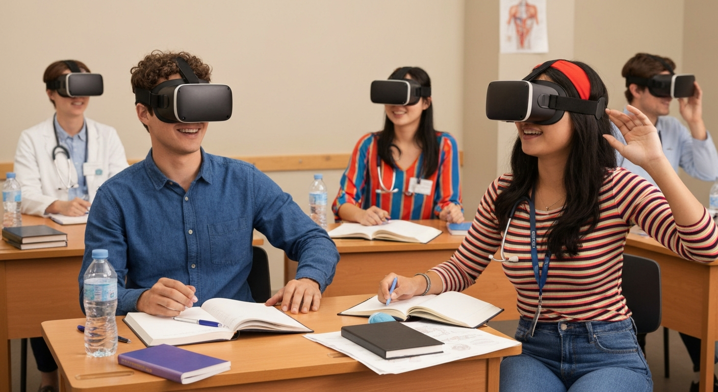 Medical students training with VR headsets inside a real simulation classroom to build clinical decision-making skills.