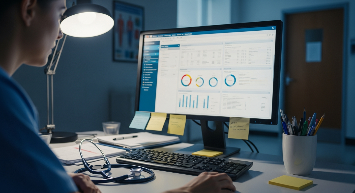 A clinician reviewing chronic-care insights from a digital therapeutics dashboard inside a real hospital office.