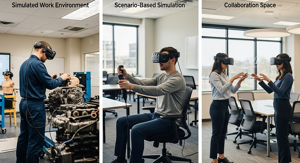 Different real-world training setups using VR headsets to access various types of virtual worlds used in enterprise learning.