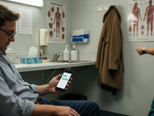 A patient using a virtual health assistant on a smartphone inside a normal, everyday clinic exam room.