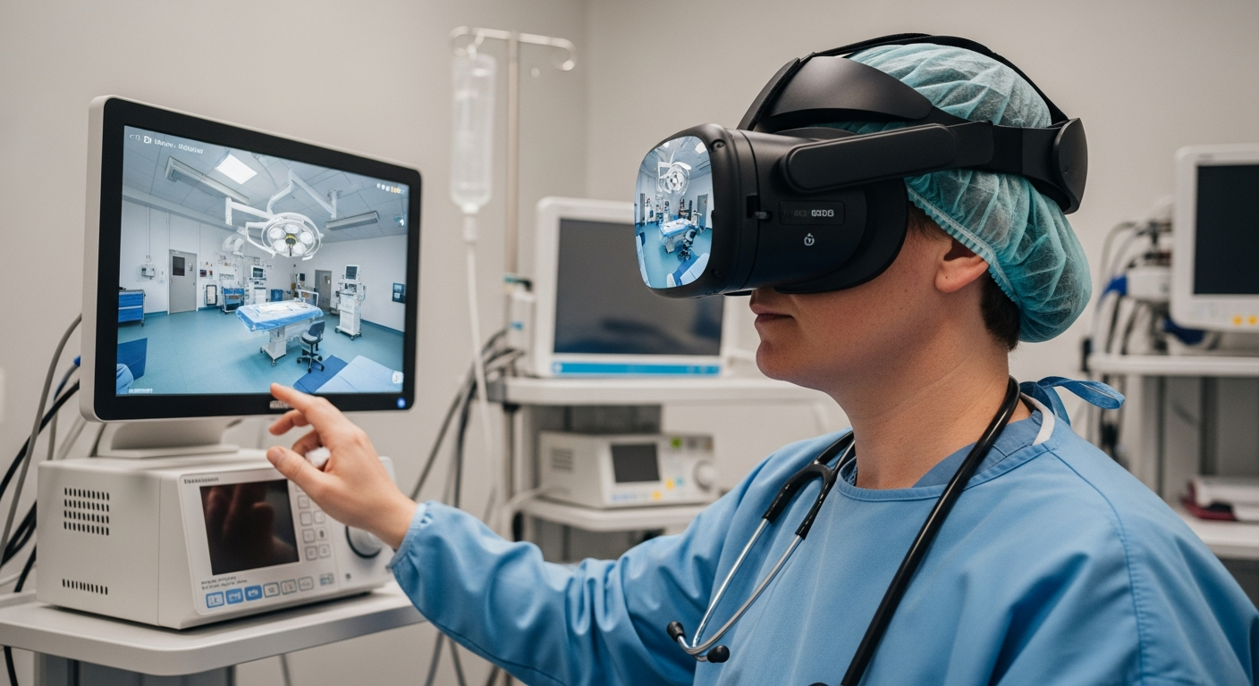 A clinician testing operating room workflows inside a virtual reality healthcare simulation to identify inefficiencies before real-world implementation.