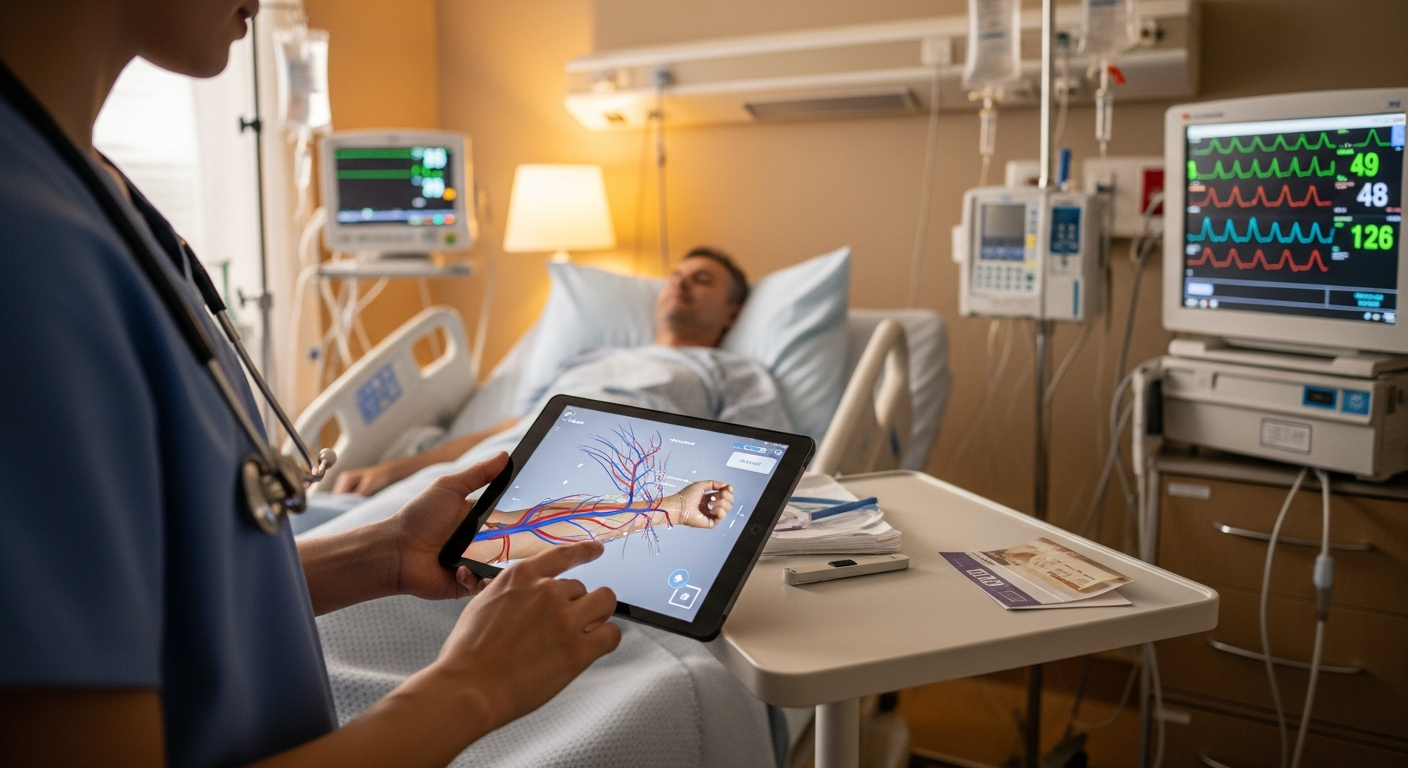 A clinician viewing intelligent AR guidance on a tablet to support bedside vascular assessment.