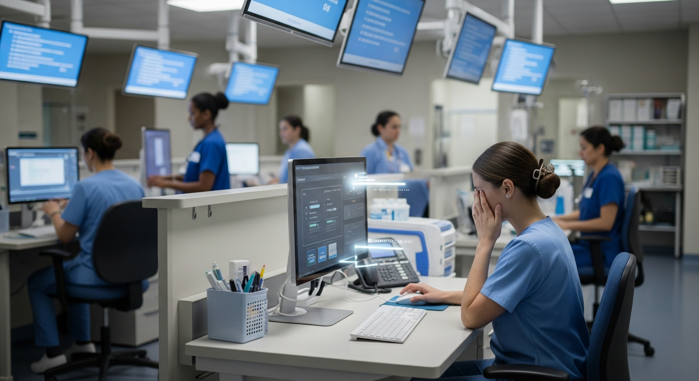 A realistic scene of an AI health assistant easing clinician workload at a busy hospital nurse station.