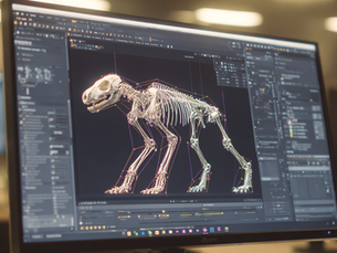 A realistic 3D studio shot showing a creature rigging workspace with clean topology, joint structures, and technical rig controls.