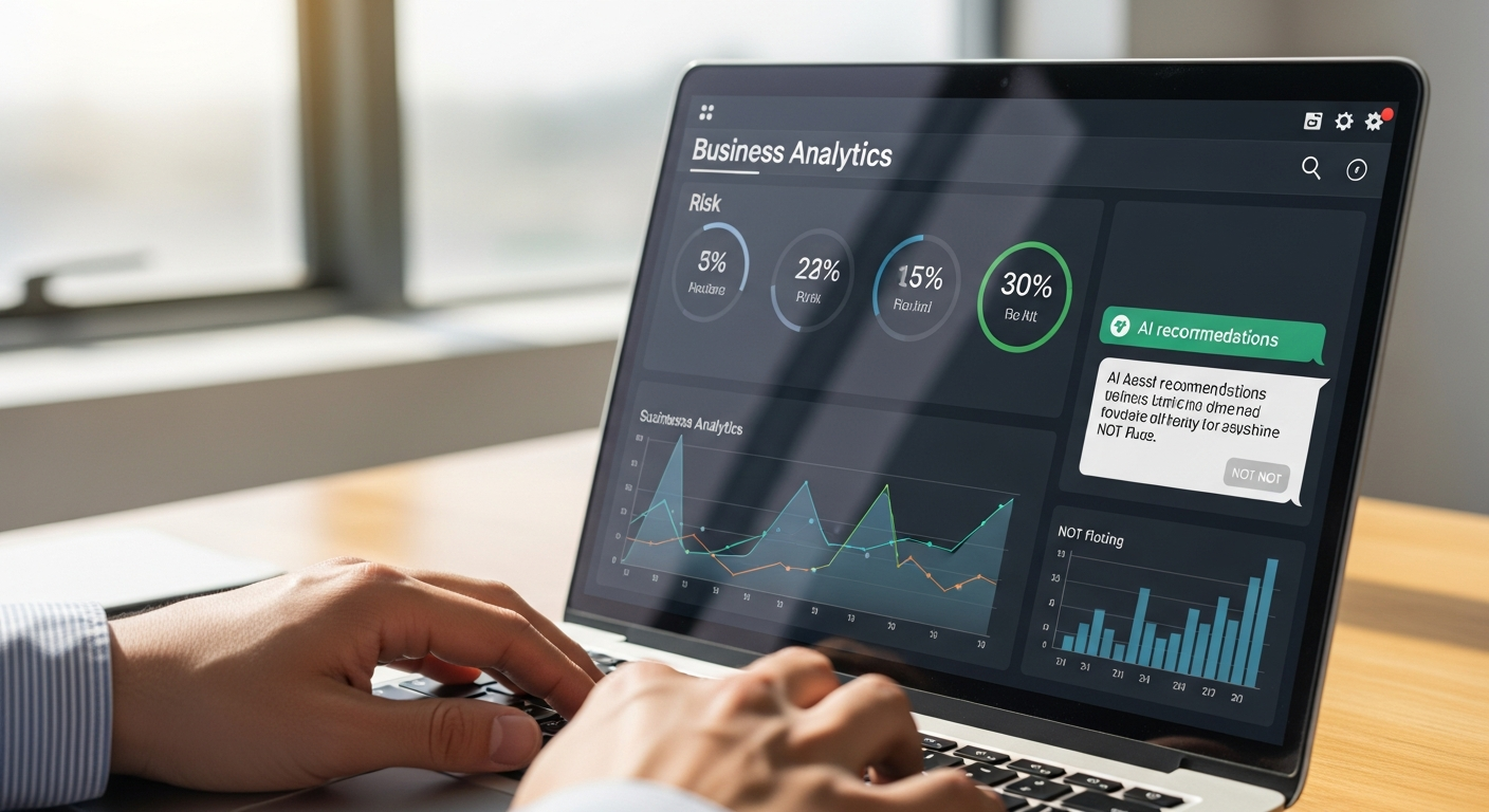 A small business owner reviewing AI-powered insights on a laptop inside a bright modern office
