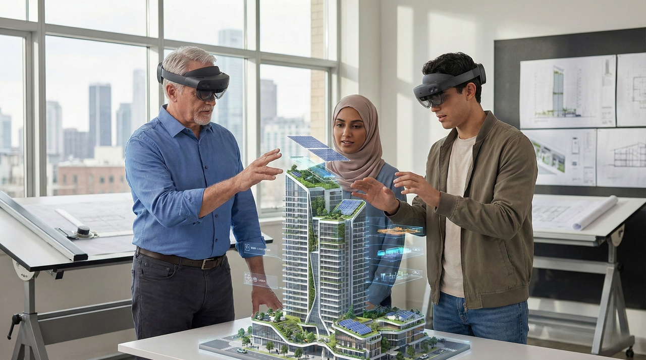 Mixed reality user interacting with spatial digital content in a physical environment