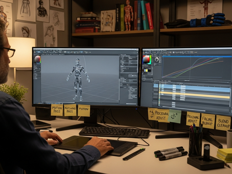 A motion-capture studio where an actor performs movements for high-quality game animation.