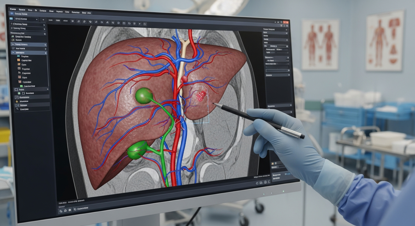 A realistic 3D organ model displayed on a surgical workstation used for XR planning and simulation.