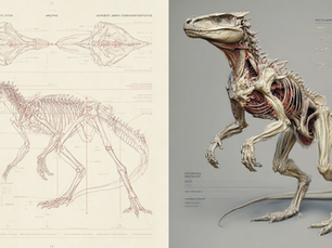 A technical comparison showing realistic creature anatomy diagrams beside a final creature design concept.
