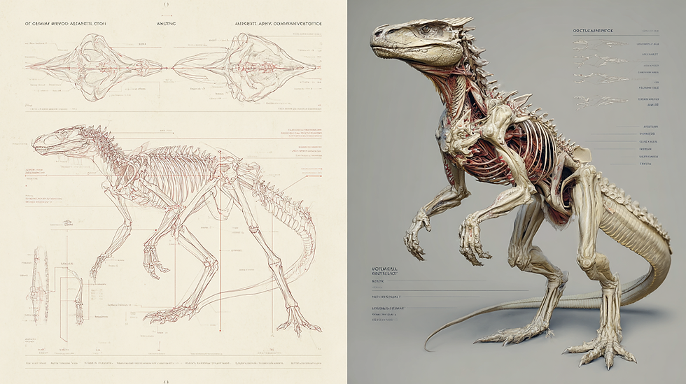 A technical comparison showing realistic creature anatomy diagrams beside a final creature design concept.