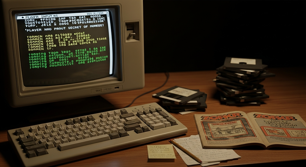 A retro workstation displaying an early text-based RPG on an old CRT screen.