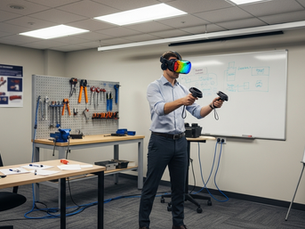 An employee using a VR headset inside a real training room to practice immersive learning simulations.
