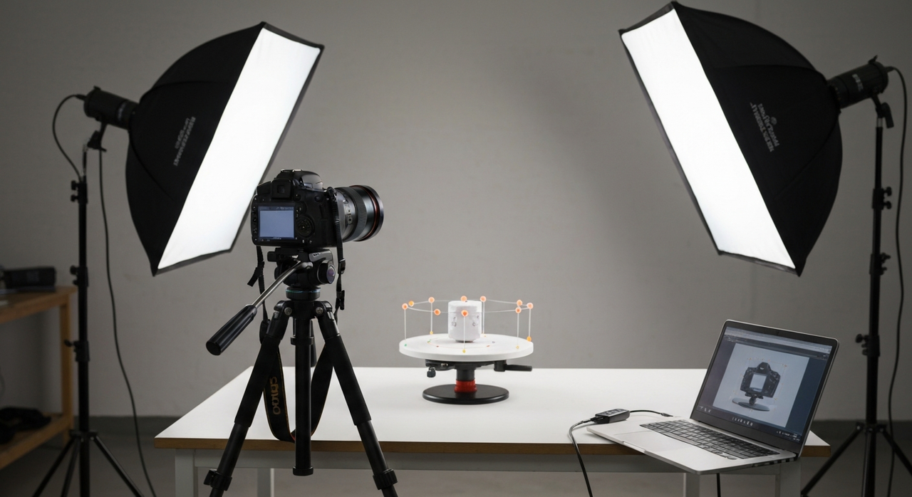 Photogrammetry setup capturing real objects for 3D reconstruction in an XR content pipeline