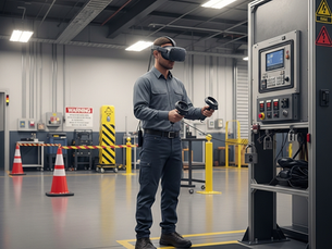 A worker using VR equipment to practice hands-on industrial safety procedures inside a simulated environment.