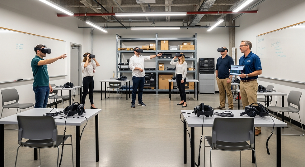 A team of employees wearing VR headsets participating in a multi-user immersive learning session in a real training environment.