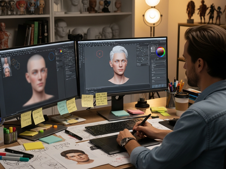 A character artist creating a digital human inside a studio using high-quality facial editing tools.