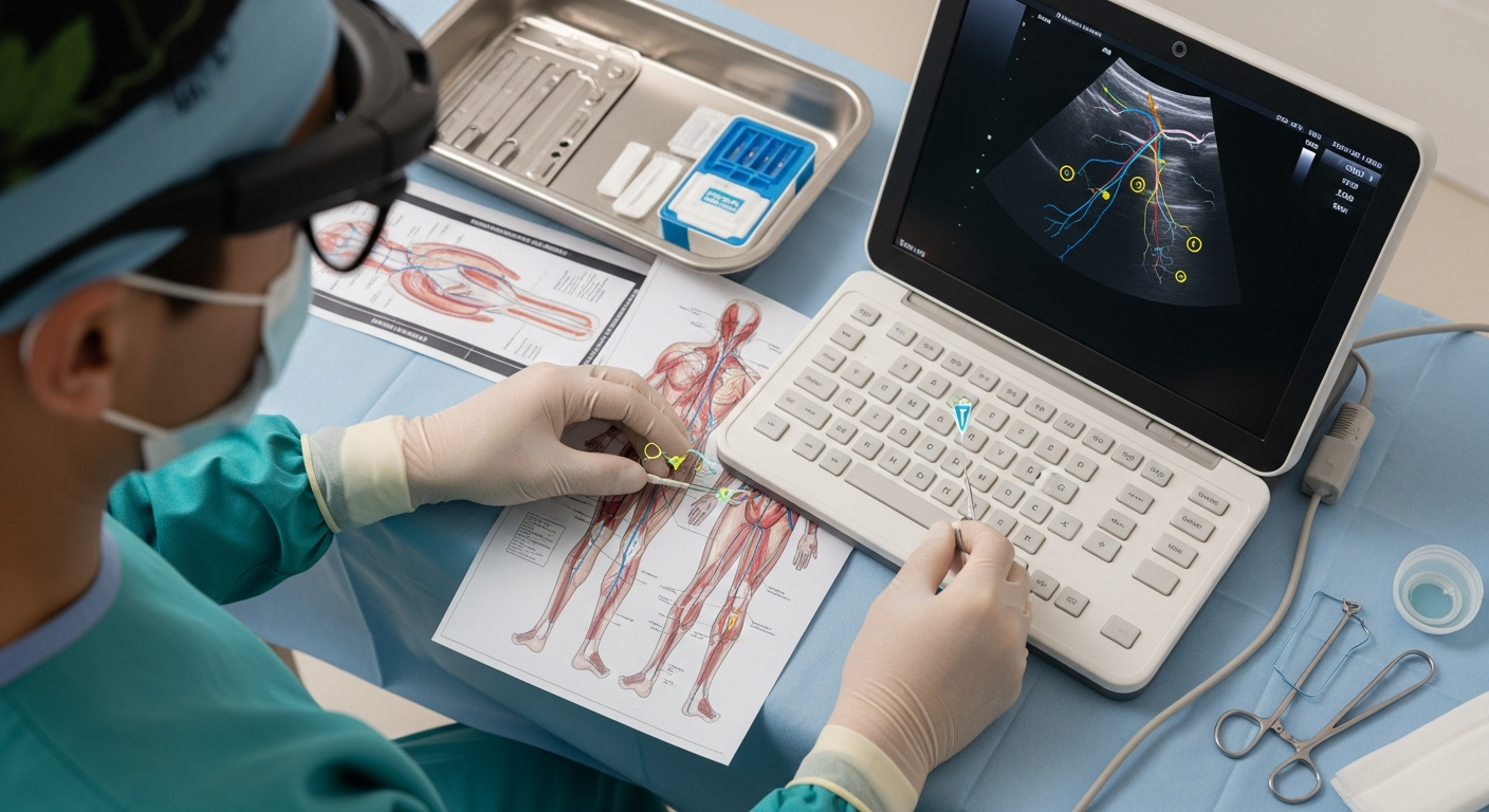 A realistic depiction of AR-enhanced procedural preparation using on-device anatomical guidance.