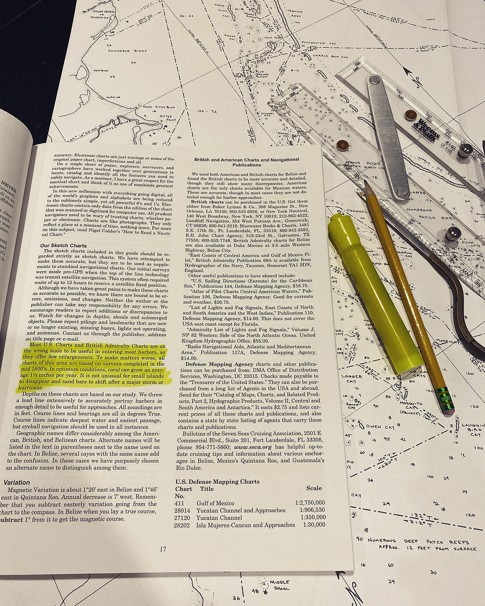 Cruising guide, nautical chart, dividers, parallel ruler