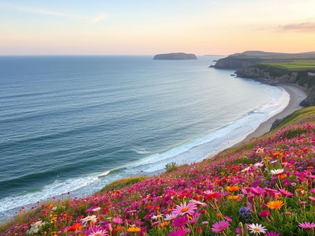 Ocean shoreline with profuse field of flowers gracing the shore.