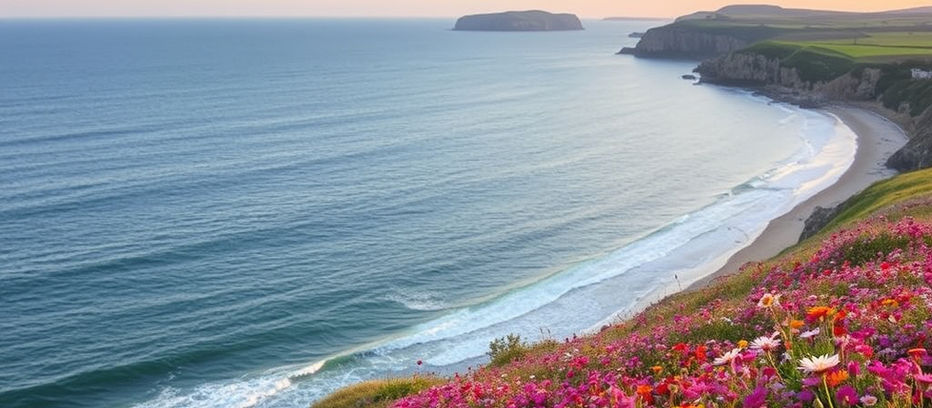 Ocean shoreline with profuse field of flowers gracing the shore.