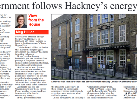 Meg's Hackney Gazette Column: Government follows Hackney's energy lead