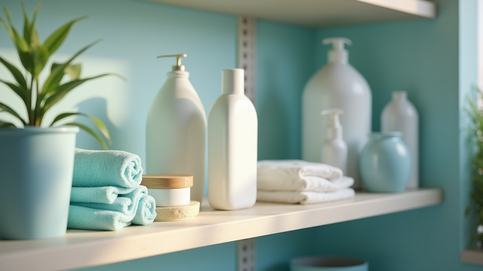 Close-up view of cleaning supplies arranged neatly on a shelf