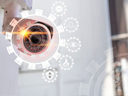 Image of a security camera and visualization of digital functionality to represent an AV-security system