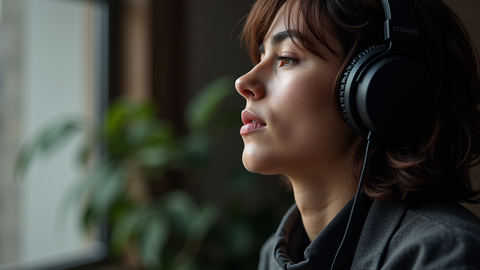 Eye-level view of a person listening to hip hop music with headphones