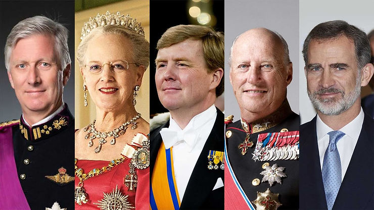 V.l.n.r. Filip (B), Margrethe II (DK), Willem-Alexander (NL), Harald V (N), Felipe VI (ES)