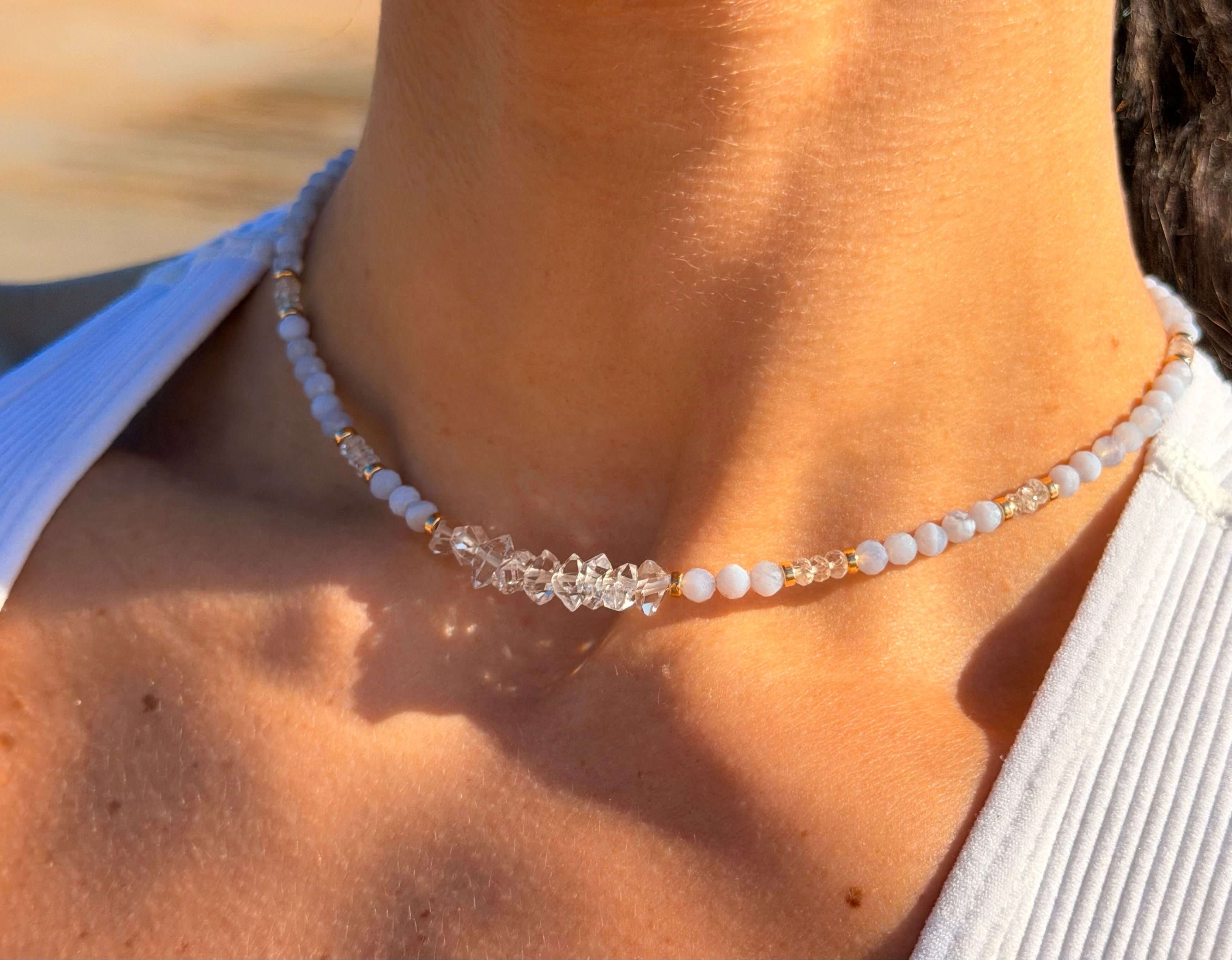 Blue Lace Agate, Clear Quartz & Herkimer Quartz Necklace