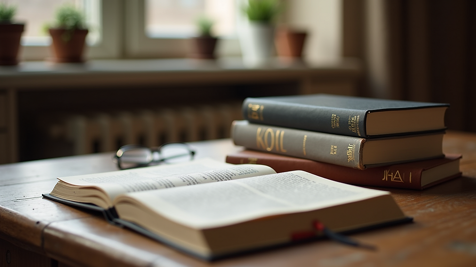 Eye-level view of a cozy study space with German language books